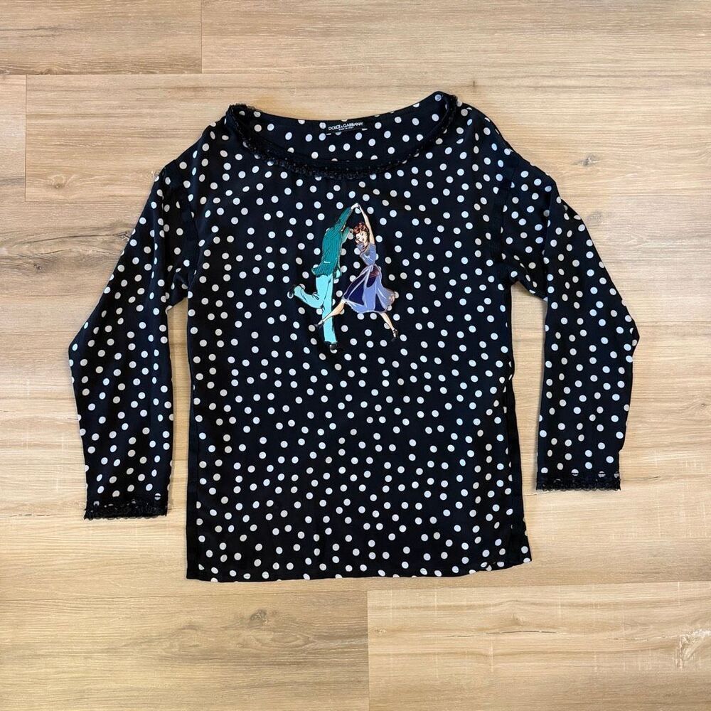 Dolce & Gabbana Black & White Polka Dot Silk Shirt Couple Dancing Graphic Sz 40